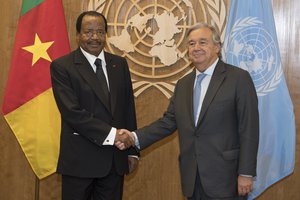 Secretary-General Antonio Guterres (right) meets with Paul Biya, President of the Republic of Cameroon