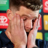 ADELAIDE, AUSTRALIA - SEPTEMBER 10: Bryce Gibbs speaks to the media after announcing his retirement from the Adelaide Crows and his AFL career, at West Lakes on September 10, 2020 in Adelaide, Australia. (Photo by Kelly Barnes/Getty Images)