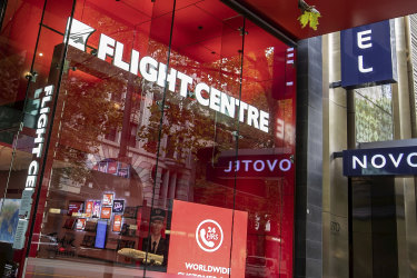 MELBOURNE, AUSTRALIA - APRIL19: A general view of Flight Centre in Collins Street. Melbourne on April 19, 2020 in Melbourne, Australia. (Photo by Darrian Traynor) 