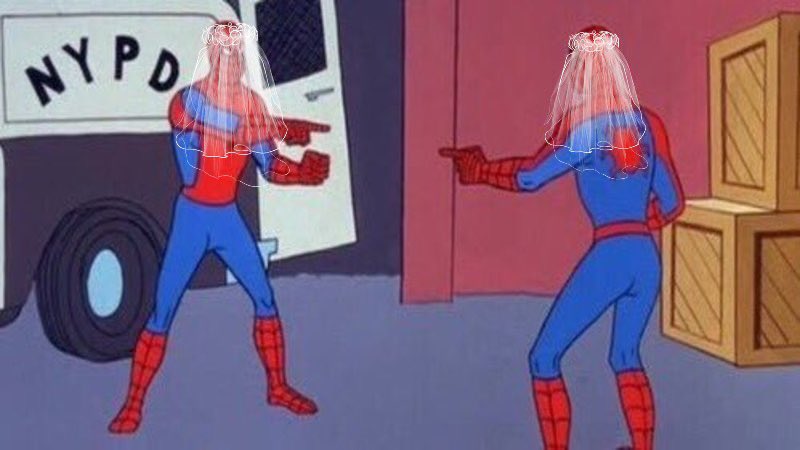 Spider-Man pointing at himself but wearing bridal veils