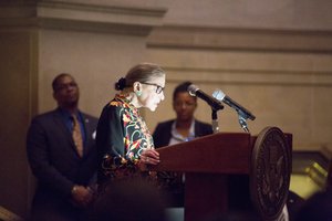 File - Ruth Bader Ginsburg, Judge at the Supreme Court of the United States Bill of Rights Day Naturalization Ceremony at the National Archives in Washington, DC