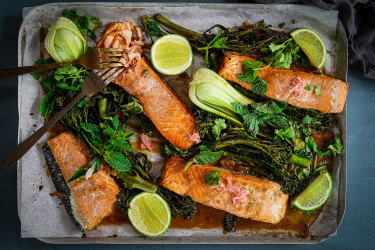 miso ginger salmon tray bake