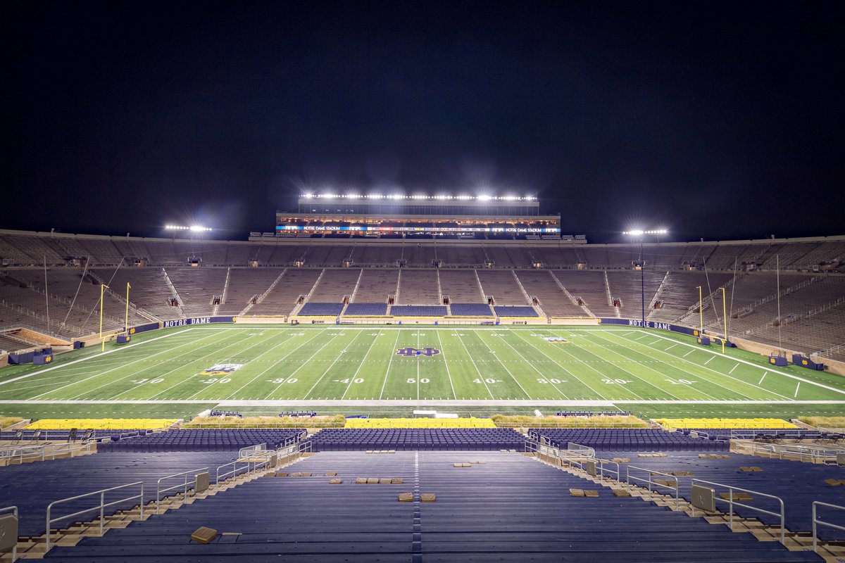 The field at Notre Dame Stadium at night