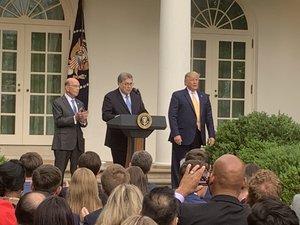 File - Donald Trump with Attorney General William Barr and Secretary of Commerce Wilbur Ross at Rose Garden