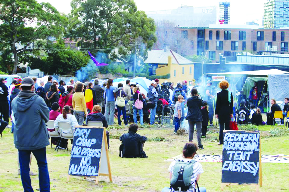 15 June 2014: Hundreds gather to defend the Redfern Aboriginal Tent Embassy (RATE). RATE attracted broad support from supporters of Aboriginal rights and campaigners for affordable housing.