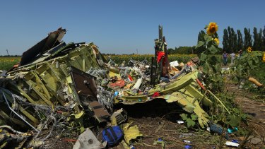 Debris from Malaysian Airlines flight MH17 on the outskirts of Rassypnoe village in 2014. 