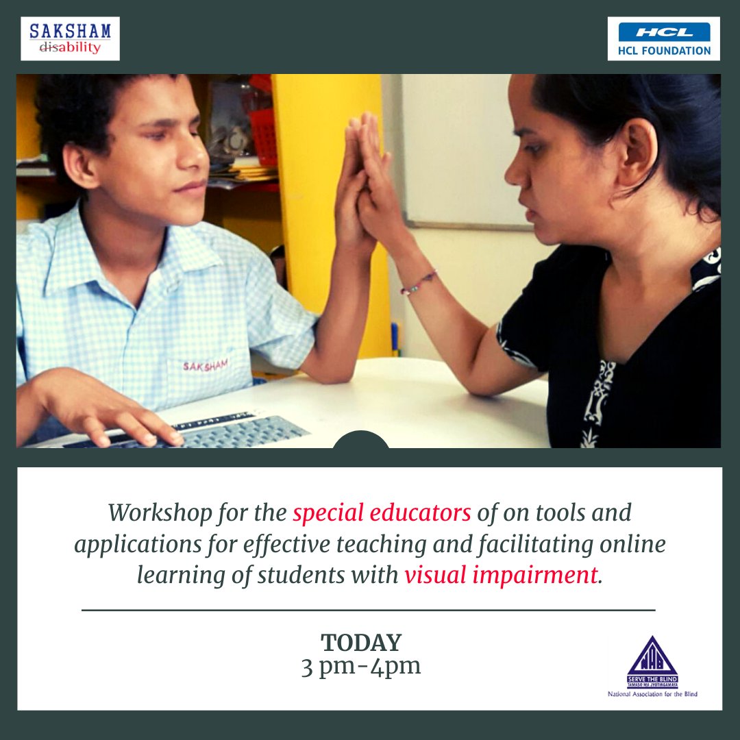 Image contains a teacher teaching Refreshable Braille Display to a deaf-blind child. The text reads the same as in the post. Saksham logo in the right top in the image HCL Foundation logo in the left top in the image and NAB Delhi logo in the bottom left in the image.