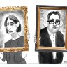 Gladys Berejiklian and Dan Andrews hold portraits of themselves. 