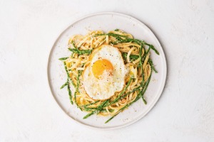 Asparagus, fried egg, brown butter, walnut from Elizabeth Hewson's new cookbook.