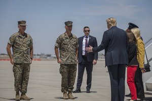 Donald J. Trump departs from a flight aboard Marine Corps Air Station Yuma (MCAS) Yuma as part of a visit to the border wall on June 23, 2020