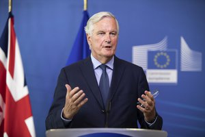 Negotiator for Brexit, Michel Barnier during a press conference at EU headquarters in Brussels on Tuesday, Aug. 21, 2018