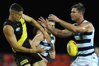 No pushover: Richmand ruckman Ivan Soldo and Geelong big man Tom Hawkins in round 17.