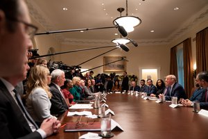 President Donald J. Trump, joined by Vice President Mike Pence, addresses his remarks at a roundtable on empowering families with education choice Monday, Dec. 9, 2019, in the Cabinet Room of the White House