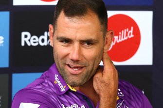 Cameron Smith addresses media with Storm coach Craig Bellamy on Thursday.