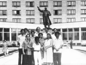 Days of the Socialistic USSR: International and local students at Novosibirsk State Technical University pose for a photo in front of a statue of Russian Revolution leader, Vladimir Lenin.