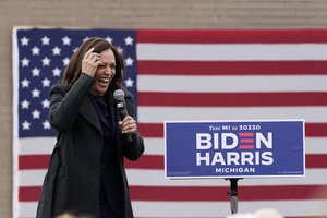 Democratic vice presidential candidate Sen. Kamala Harris, D-Calif., speaks during a campaign event, Sunday, Oct. 25, 2020, in Detroit.