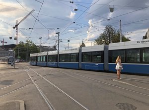 Flexity tram during a driving school trip through Zurich on the station bridge, Switzerland