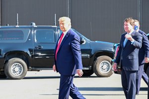 Donald Trump approaches the crowd gathered to greet him at Berry Field Air National Guard Base in Nashville, Tenn. on October 22, 2020