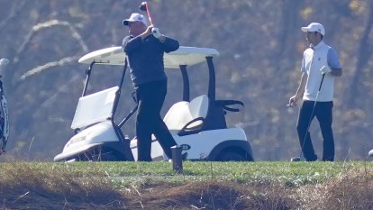 President Donald Trump plays a round of Golf at the Trump National Golf Club in Sterling Va., Sunday Nov. 8, 2020. (AP Photo/Steve Helber)