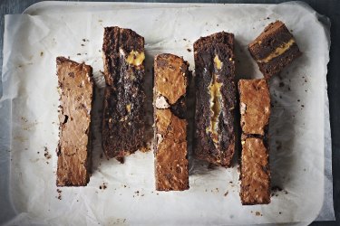 Dark chocolate, peanut butter and dulce de leche brownies. Brownie recipes for Good Food March 2018. Please credit Katrina Meynink.