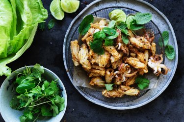 Chilli salt and pepper squid lettuce cups.