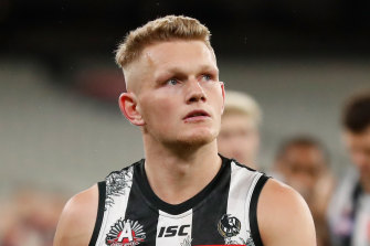 MELBOURNE, AUSTRALIA - JULY 03: Adam Treloar of the Magpies looks dejected after a loss during the 2020 AFL Round 05 match between the Collingwood Magpies and the Essendon Bombers at the Melbourne Cricket Ground on July 03, 2020 in Melbourne, Australia. (Photo by Michael Willson/AFL Photos via Getty Images) AFL TRADE