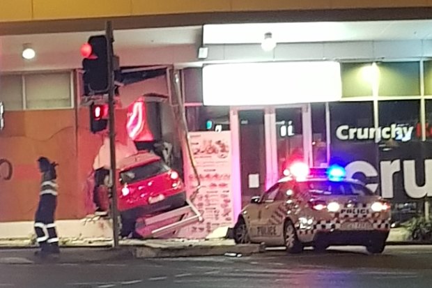 A car has crashed into a shopfront in Newmarket in Brisbane on November 11, 2020.