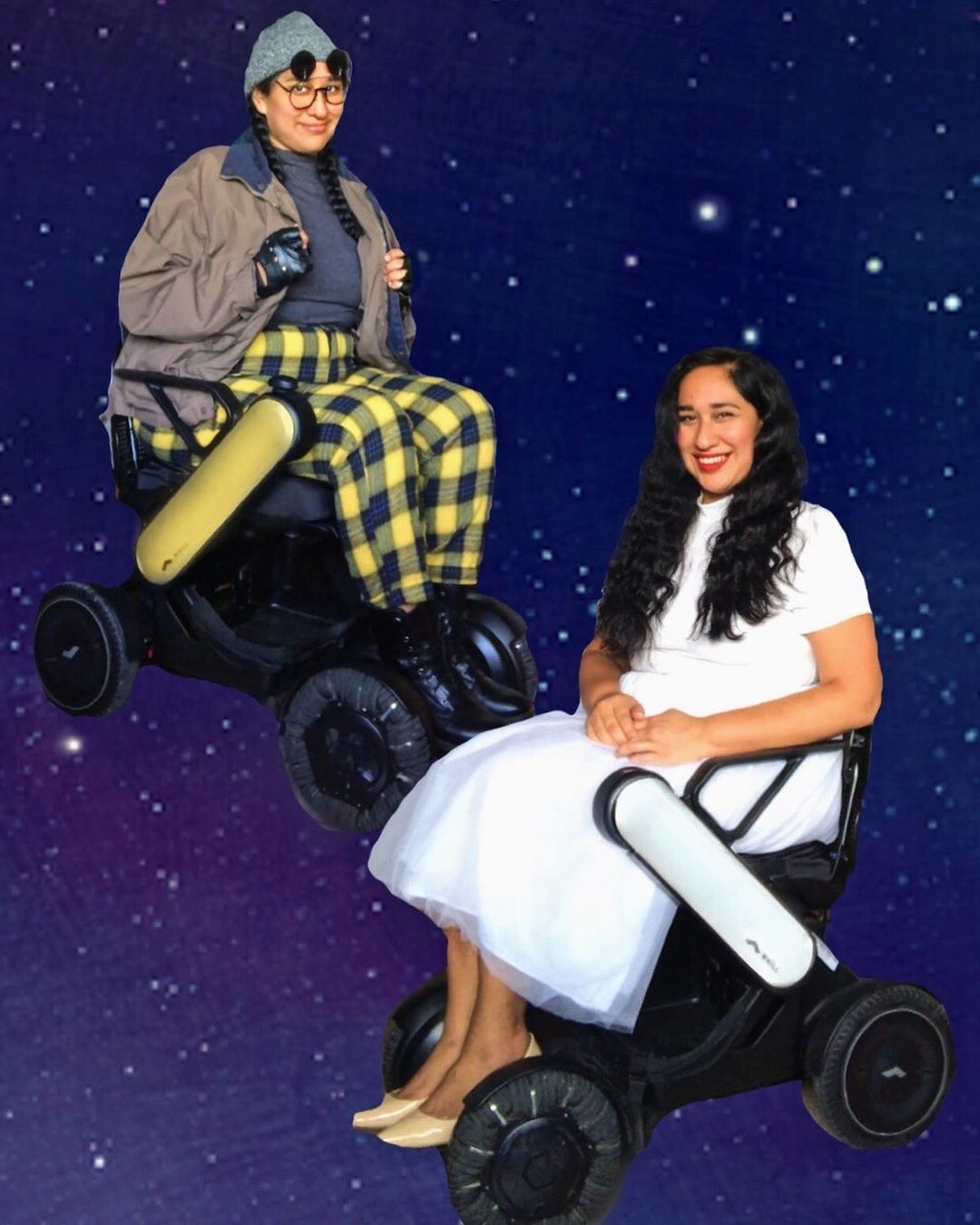 🌿✨
Wheelchair: bit.ly/AnnieWHILL
[Image Description: two Annie?s sitting in Whill powerchairs, one dressed as Wall-E, with a grey beanie, sunglasses, grey shirt, brown jacket, yellow plaid pants, black finger less gloves and, and a yellow side panel...
