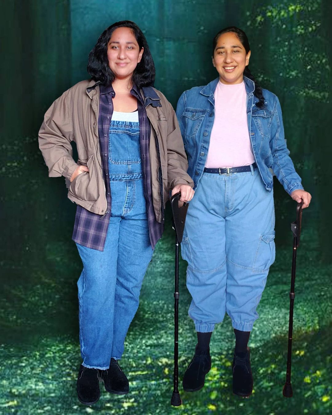 Happy Halloween from the gardener and the au pair of #BlyManor!
[Image Description: Two Annies, one dress in overalls, a plaid shirt and brown jacket, and the other dressed and a light pink shirt, denim jacket, and jeans. The background is edited to...