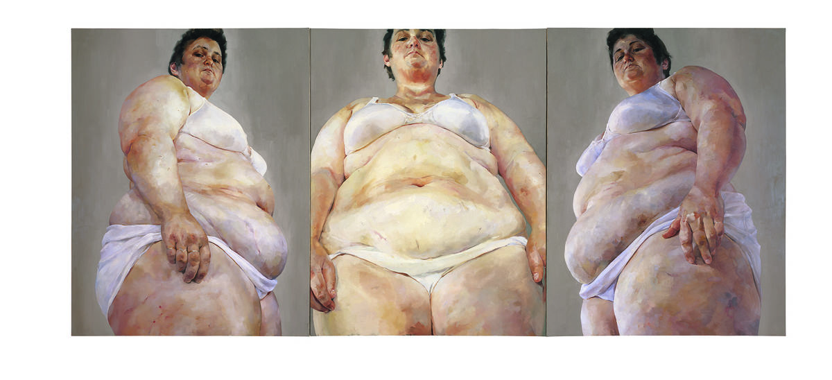 Jenny Saville, Strategy, 1994. Oil on canvas, 3 panels, 108 x 250 1/2 inches (274.3 x 636.3 cm). © Jenny Saville. Courtesy of the artist and Gagosian.