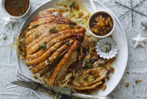 Adam Liaw's roast crackling pork with mustard gravy and summer fruit chutney.