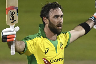 Glenn Maxwell raises the bat in Manchester.