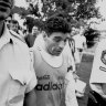 Diego Maradona is escorted off Wentworth Park after training with the Argentinian team in 1993.