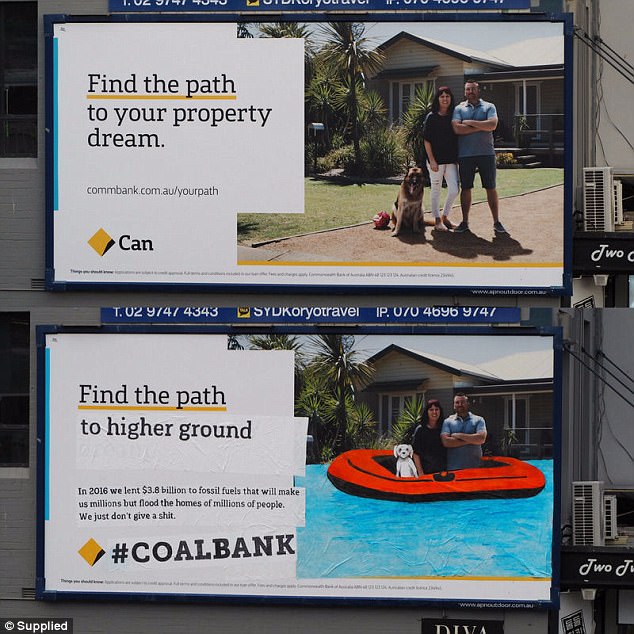 One replaced a family in front of their house with the slogan 'find the path to your property dream' with a picture of them in an inflatable raft with 'find your path to higher ground'