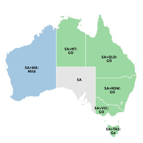 Border travel rules for South Australia on the morning of November 15. WA = mild. NT, QLD, NSW, VIC, TAS = GO.