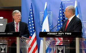 John R. Bolton with Benyamin Netanyahu during a press conference during a visit to Israel