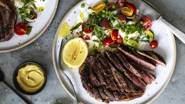 Karen Martini;s seared scotch fillet with mozzarella, peas and cherry tomatoes.