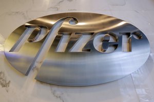 The Pfizer company logo is photographed at Pfizer Inc. headquarters, in New York, Monday, Dec. 4, 2017.