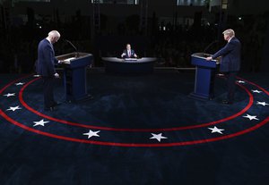 President Donald Trump and Democratic presidential candidate former Vice President Joe Biden participate in the first presidential debate Tuesday, Sept. 29, 2020, at Case Western University and Cleveland Clinic, in Cleveland.