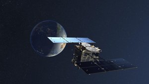 Rendering of JAXA's Hayabusa2 probe with Earth behind it