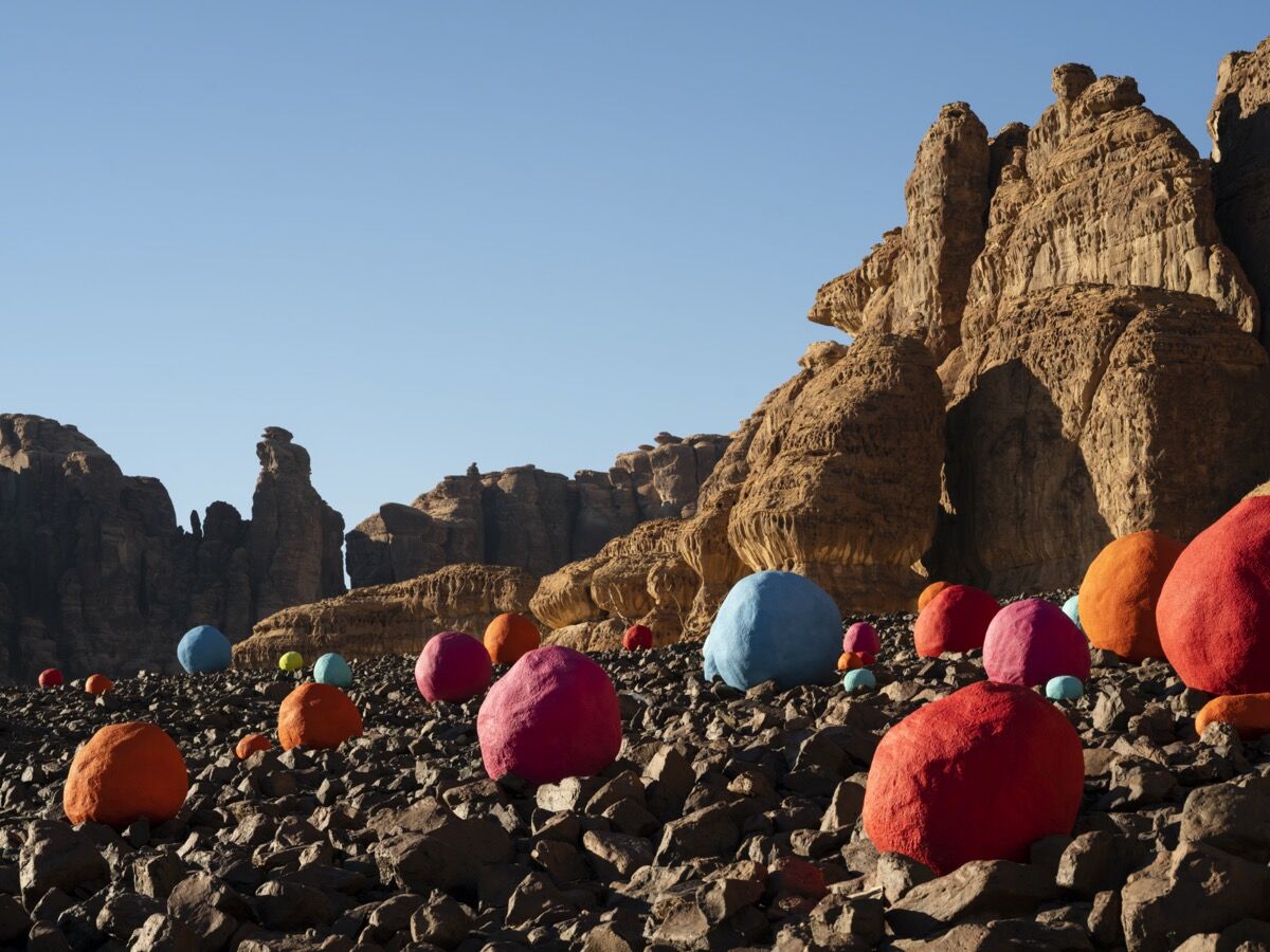 Mohammed Ahmed Ibrahim, installation view of Falling Stones Garden, 2020, at Desert X AlUla 2020. Photo by Lance Gerber. Courtesy of the artist and Desert X AlUla.