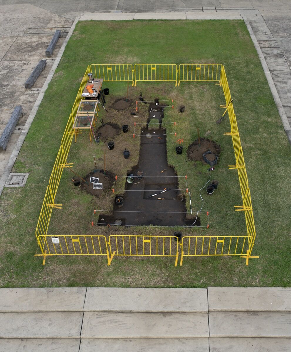 Nicholas Galanin, installation view of Shadow on the Land, an excavation and bush burial, 2020, at the 22nd Biennale of Sydney (2020), Cockatoo Island. Photo by Alex Robinson. Courtesy of the artist and Biennale of Sydney.