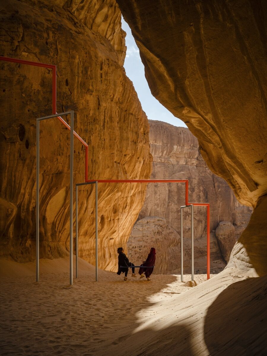 Superflex, installation view of One Two Three Swing!, 2020, at Desert X AlUla 2020. Photo by Lance Gerber. Courtesy of the artist and Desert X AlUla.