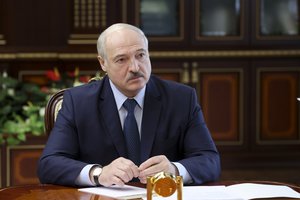 Belarusian President Alexander Lukashenko attends a meeting in Minsk, Belarus, Monday, Sept. 21, 2020.