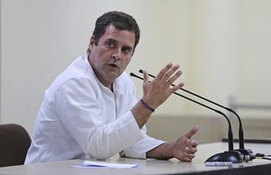 Congress party President Rahul Gandhi addresses a press conference in New Delhi, India, Friday, May 17, 2019.