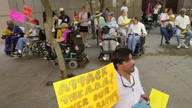 Disabled demonstrators rally in Los Angeles in June of 2000 to protest the state of California's challenge to the Americans With Disabilities Act of 1990.