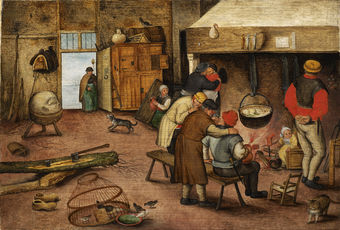 Peasants warming themselves beside the hearth