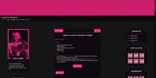 enbythemes:
“theme 06: plastic hearts (preview + code in the source)
a fansite theme inspired by miley cyrus’ new album, plastic hearts.
features and options:
• (optional) full width header
• 275px sidebars: about, six links navigation, projects,...