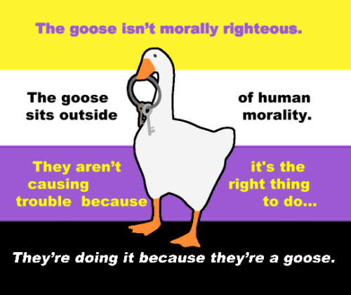 [id: The Goose, holding keys in their beak, on a nonbinary flag background, with the above quote surrounding them /end id]