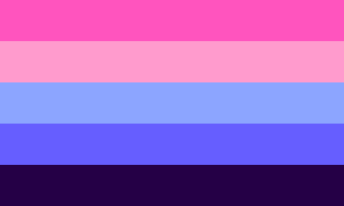 [ID: a horizontal five-striped pride flag. In order from top to bottom, the stripes are hot pink, light pink, pale blue, blue, and dark indigo. End ID]
Omni- flag redesignUses the same colours as the original, but edited to flow better.
“Omni-:...